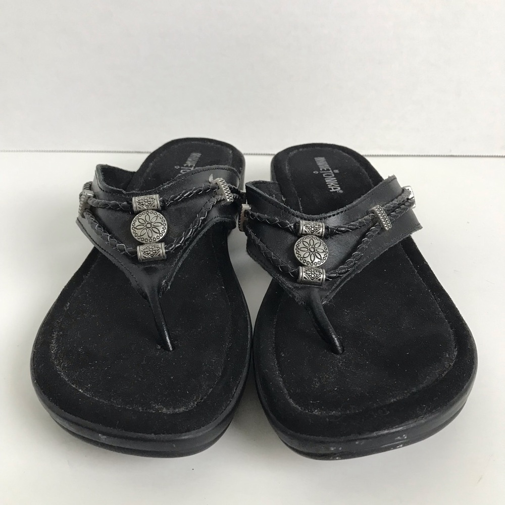 Minnetonka Black Leather Braided Thong Sandals Womens Size 10 Southwestern Boho - Picture 6 of 11
